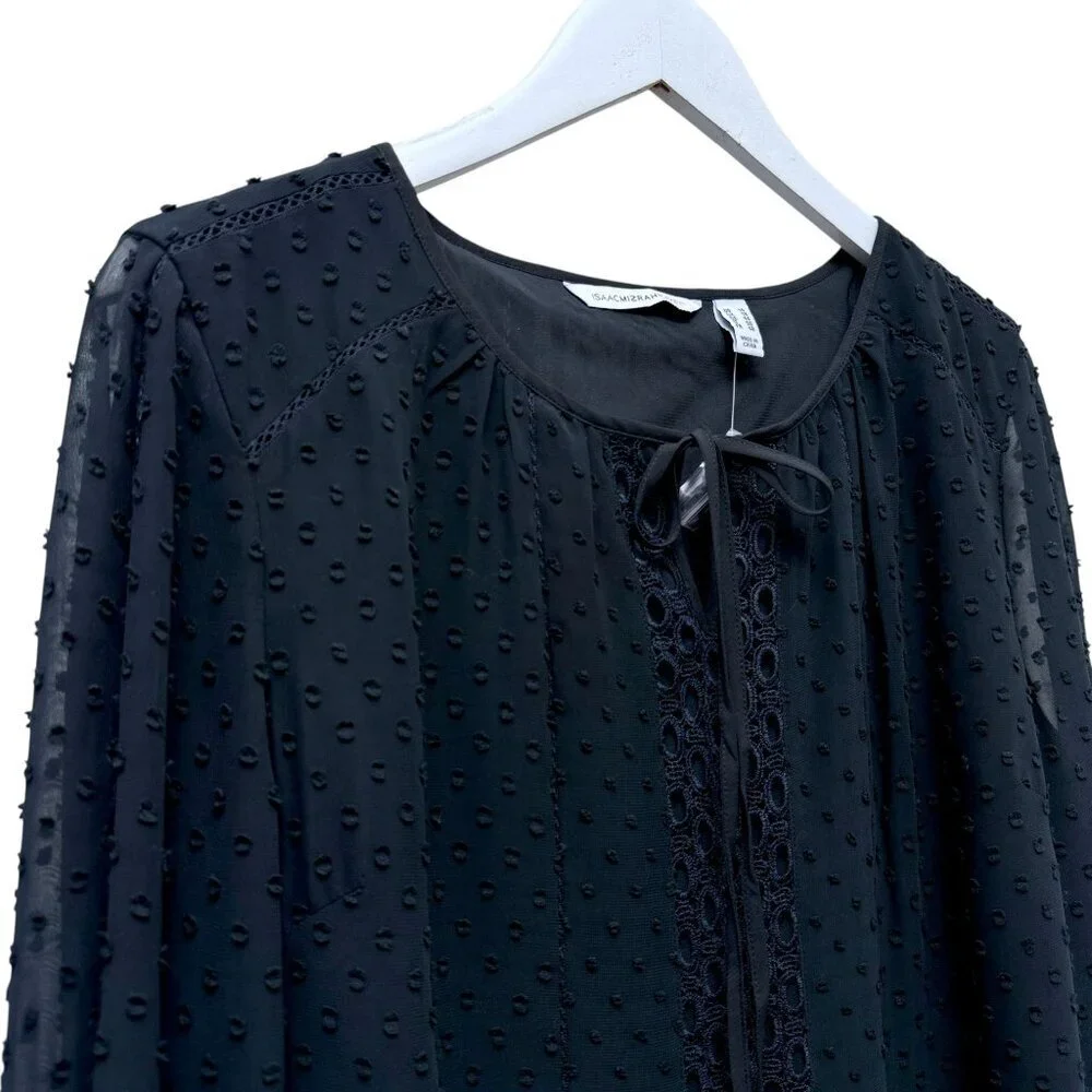 Isaac Mizrahi Live Black Blouse Size 14 Swiss Dot Chiffon Peasant Top NEW - Picture 7 of 11